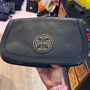 Black Leather Clutch with Gold Logo